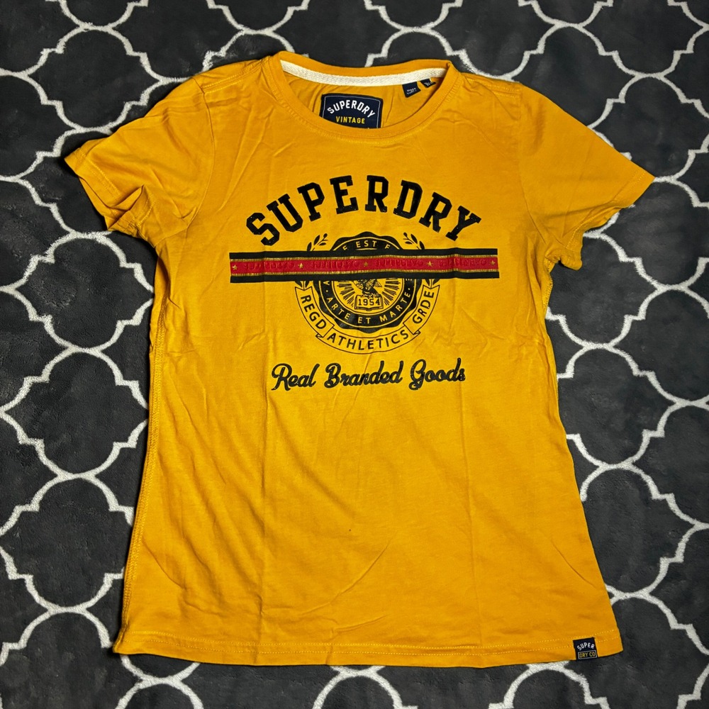 Superdry Vintage True Original T-Shirt Mens Small Yellow Athletics Graphic Tee
